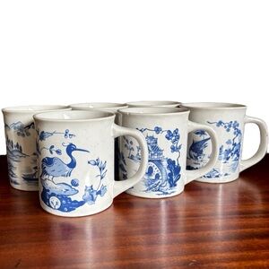 Kang Hsi Collection Antique Blue and White Oriental Scenes Set of Six Cups